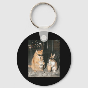 Porte-clés Lapin et chat roux buvant du thé aux perles drôle