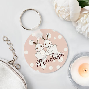 Porte-clés Lapin jumeau mignon ruban rose pastel blanc cassé
