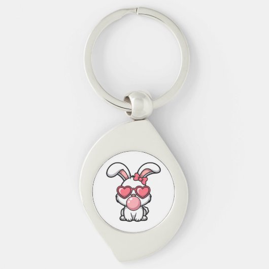 Porte-clés Lapin Kawaii Enjoué avec Bulle de Bubble Gum (Devant)