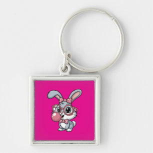 Porte-clés Lapin mignon avec des lunettes soufflant du chewin