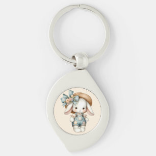 Porte-clés Lapin mignon en salopette avec chapeau de paille e