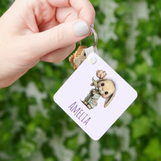 Porte-clés Lapin mignon tenant une Tulipe (main)