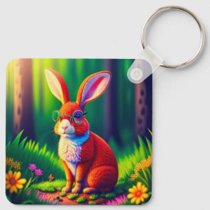 Porte-clés Lapin rouge assis sur l'herbe