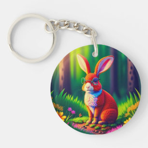 Porte-clés Lapin rouge assis sur l'herbe