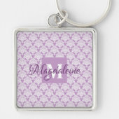 Porte-clés Lavande Purple Élégant Damas Monogramme & Nom (Devant)