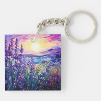 Porte-clés Lavender in field, mountain background keychain