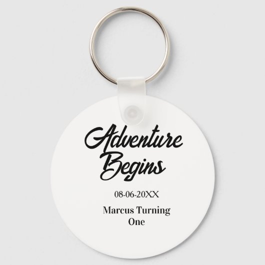 Porte-clés L'aventure commence nom date anniversaire 1ère sim (Recto)