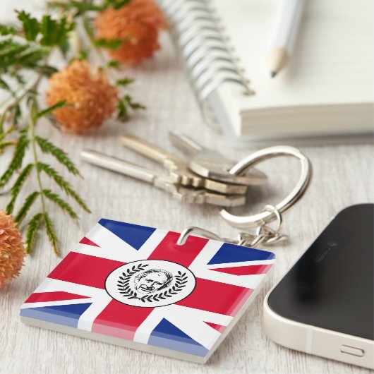 Porte-clés Le roi Charles III sur le drapeau britannique de l (Devant Droit)