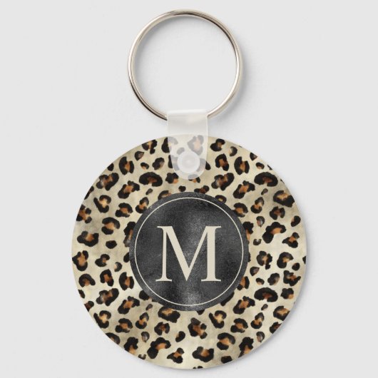 Porte-clés Leopard Animal Print With Black Faux Foil Monogram (Recto)