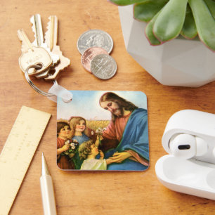 Porte-clés Les enfants vintages apportent des fleurs à Jésus-