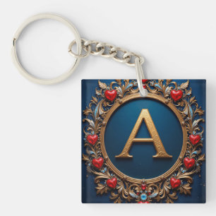 Porte-clés Lettre A dorée élégante entourée de cœurs