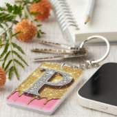 Porte-clés Lettre à monogramme doré P Cadeau initial diamant  (Devant droit)