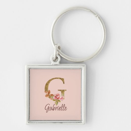 Porte-clés Lettre de nom personnalisée G Rose poudré et feuil (Devant)