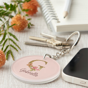 Porte-clés Lettre de nom personnalisée G Roses roses blush en