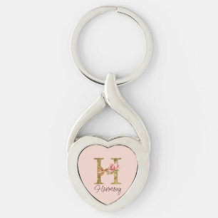 Porte-clés Lettre de nom personnalisée H Rose blush doré