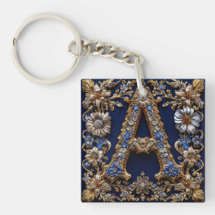Porte-clés Lettre dorée élégante "A" avec décoration florale