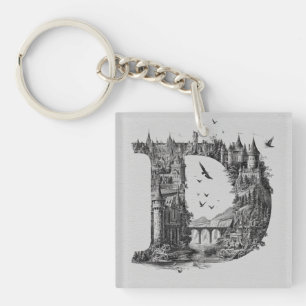 Porte-clés Lettre fantaisiste D avec des châteaux dans le cie