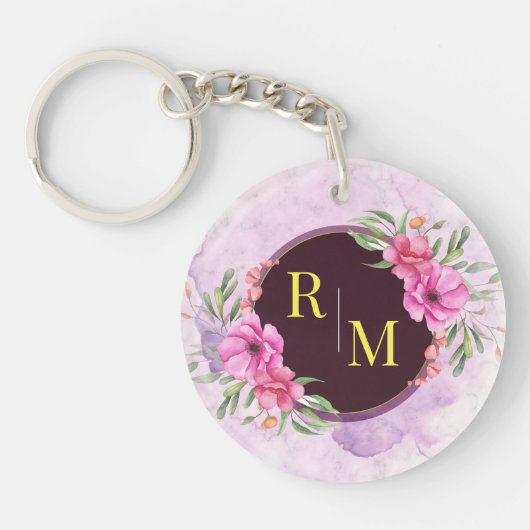 Porte-clés Lettre initiale florale de couronne Monogramme Nom (Devant)