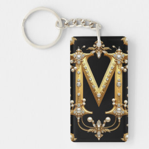Porte-clés Lettre M Monogramme en Or avec Diamants et Perles