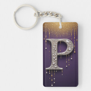 Porte-clés Lettre P en cristal de luxe avec diamants, perles