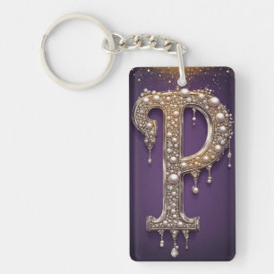 Porte-clés Lettre P en strass de luxe avec diamants, perles