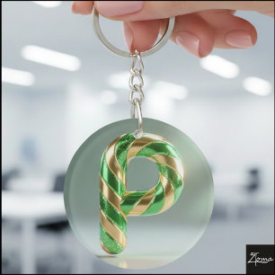 Porte-clés Lettre P rayée de paillettes dorées vert brillant