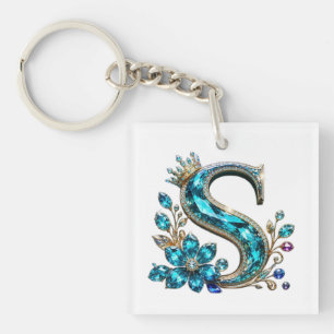 Porte-clés Lettre S et couronne en cristal de turquoise