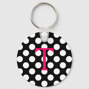 Porte-clés Lettre T Monogramme Rose Chaud à pois Noir et Blan