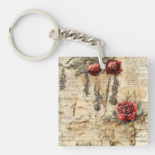 Porte-clés Lettre vintage d'amour parchemin avec fleurs (4)