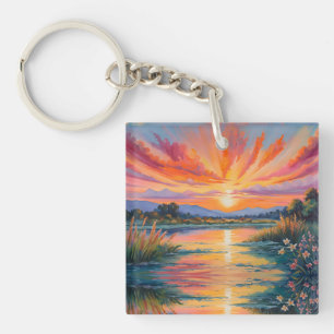 Porte-clés Lever de soleil à l'aquarelle de l'étang