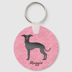Porte-clés Lévrier Italien Noir Chien Mignon Sur Coeurs Roses
