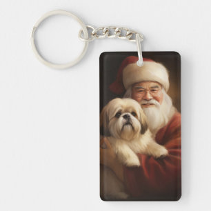 Porte-clés Lhasa Apso avec le Père Noël Noël Festif