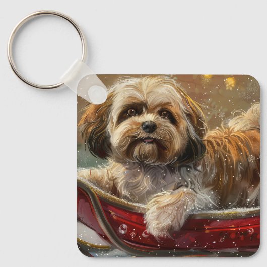 Porte-clés Lhasa Apso chien festif de Noël (Recto)