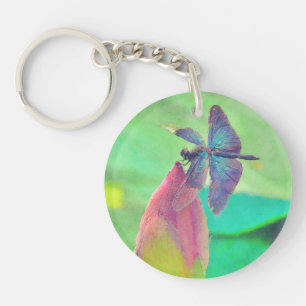 Porte-clés Libellule bleue iridescente sur le nénuphar
