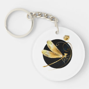 Porte-clés libellule d'or en cercle noir