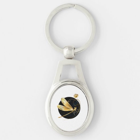 Porte-clés libellule d'or en cercle noir (Devant)