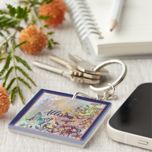 Porte-clés Libellule papillon et fleurs personnalisées