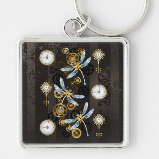 Porte-clés Libellules Steampunk sur fond brun rayé (Devant)