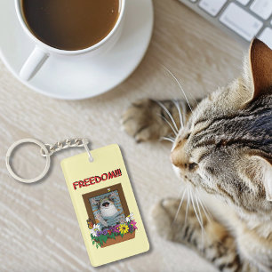 Porte-clés Liberté Évasion Drôle Chat Jaune Floral Fenêtre