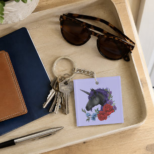 Porte-clés Licorne noire fleurs de jardin de minuit violet