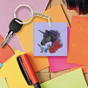 Porte-clés Licorne noire fleurs de jardin de minuit violet