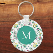 Porte-clés Light Floral Pattern Teal Monogram (Recto)