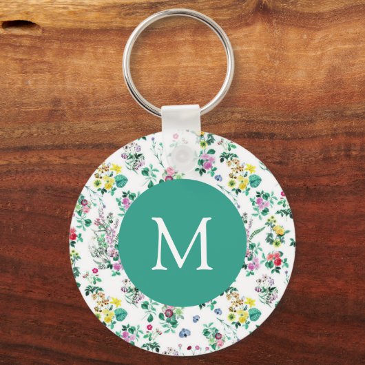 Porte-clés Light Floral Pattern Teal Monogram (Recto)
