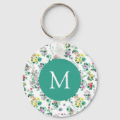 Porte-clés Light Floral Pattern Teal Monogram (Verso)