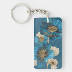 Porte-clés Ligne d'art doré botanique floral de pavot bleu