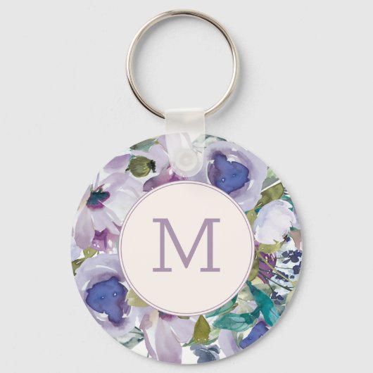 Porte-clés Lilac Purple Dusty Blue Aquarelle Floral Mongram (Recto)