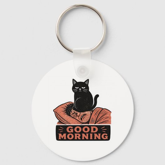 Porte-clés Linogravure Chat Noir Sarcasique Mème Bonjour (Recto)
