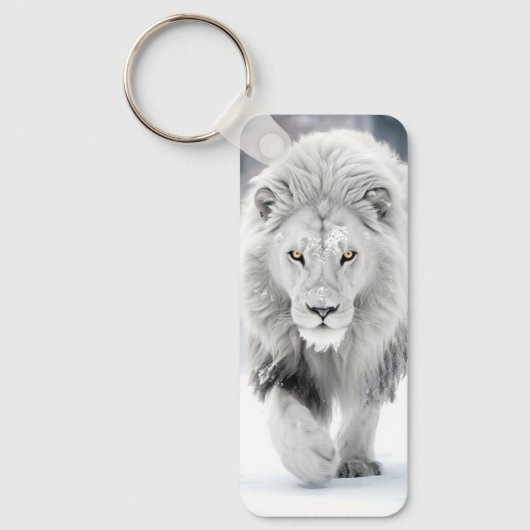 Porte-clés Lion blanc majestueux en hiver Wonderland Design (Recto)