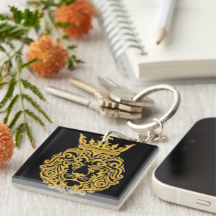 Porte-clés Lion d'Or avec Couronne - Style de Broderie Majest