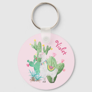 Porte-clés Llama Blanc & Cactus avec Fleurs - Rose Pastel
